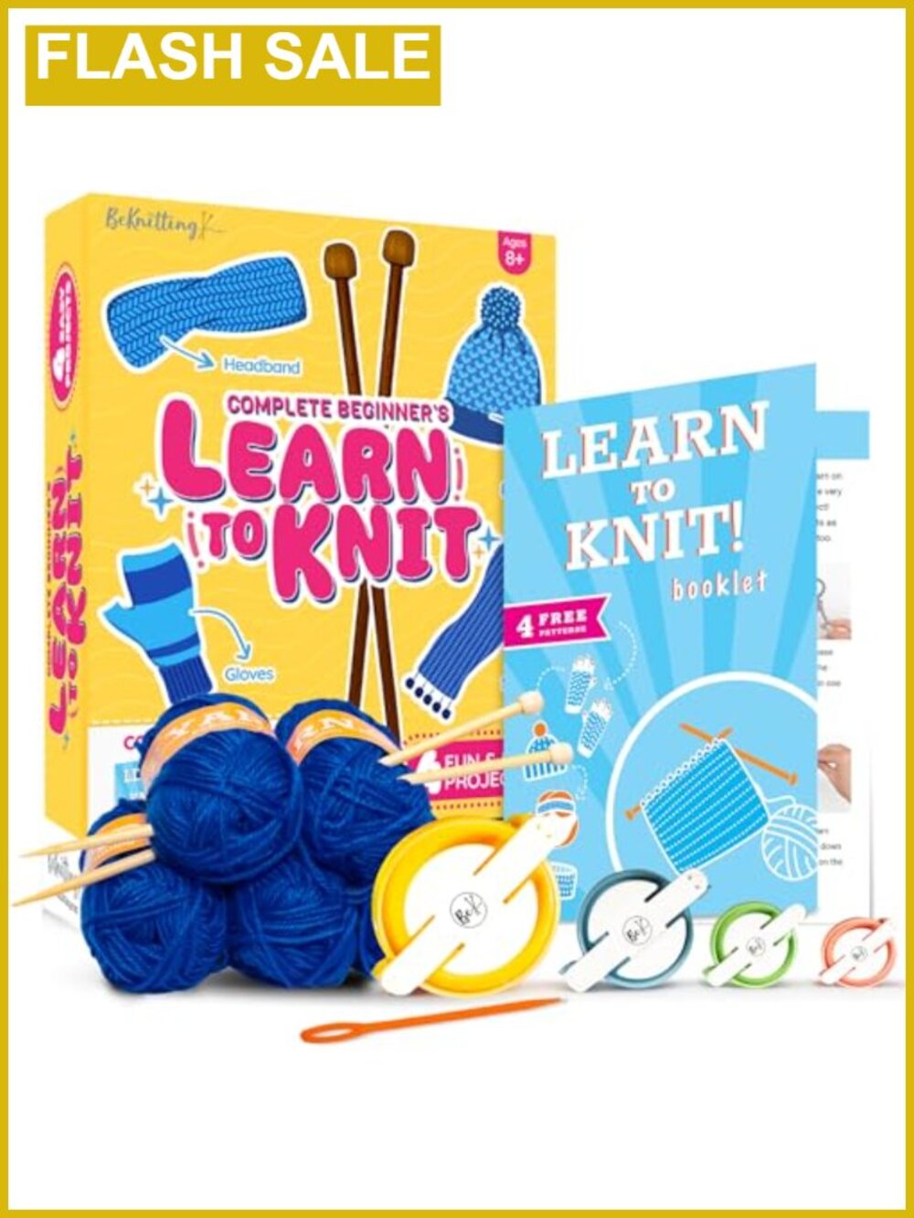 Beginner Knitting Kit with Acrylic Yarn, Bamboo Needles & Pompom Makers – Learn